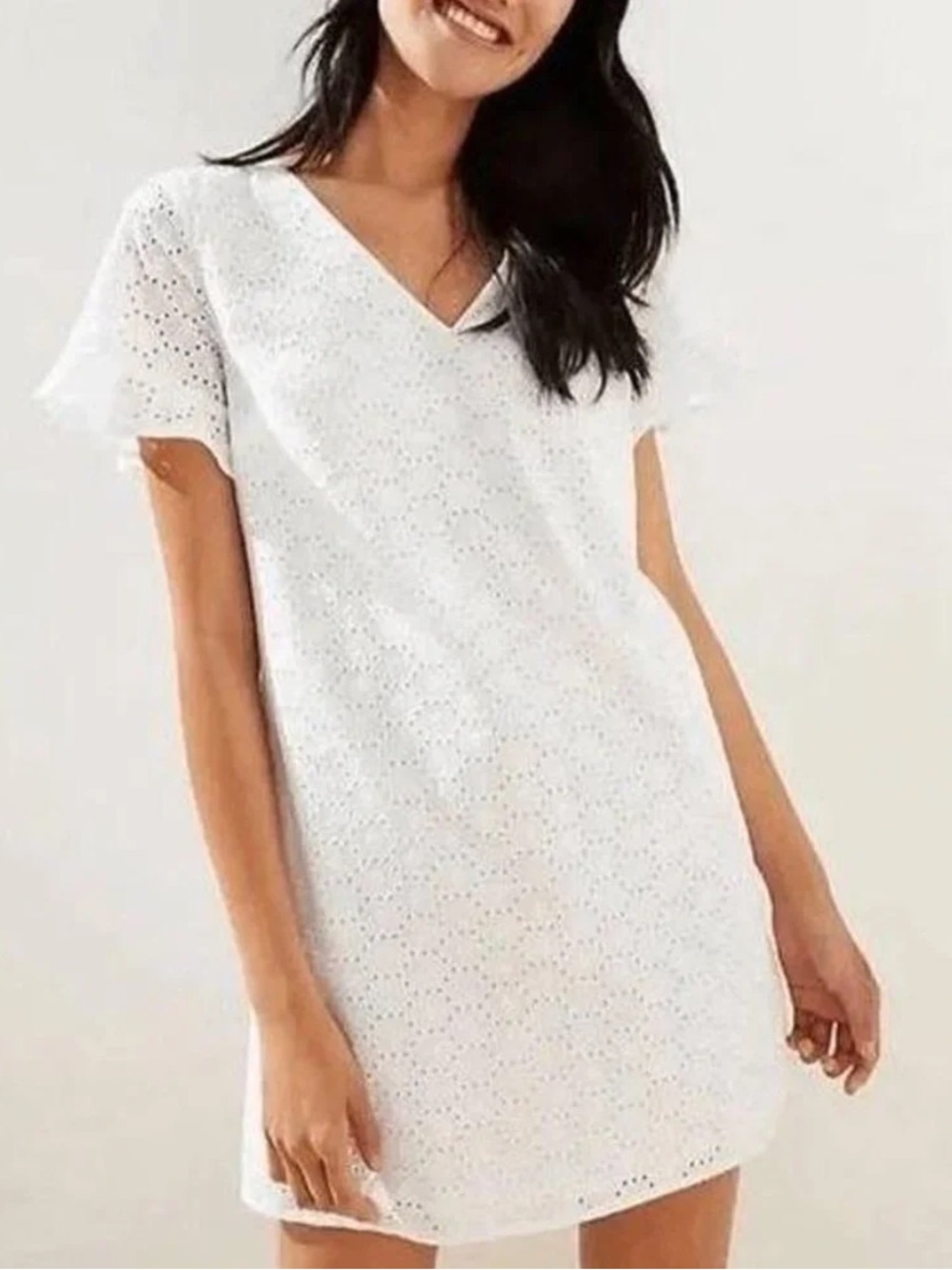 Loft ANN TAYLOR Eyelet White Flutter Sleeve V Neck Lined Mini Shift Dress size 8